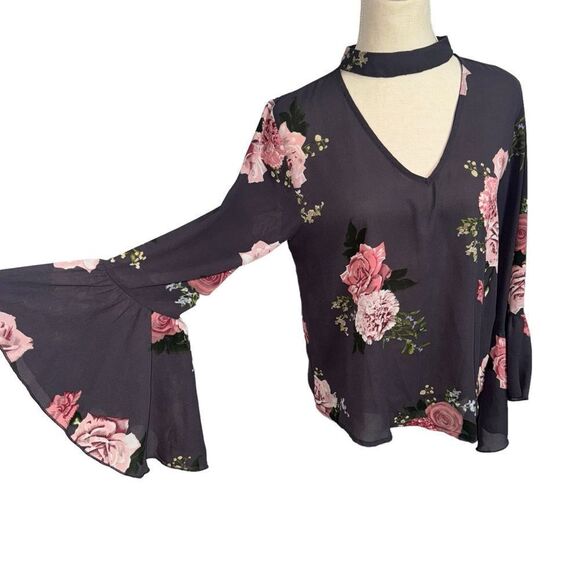 Live 4 Truth Gray Pink Floral Long Wide Sleeve V Neck Lightweight Blouse size m - Picture 12 of 13